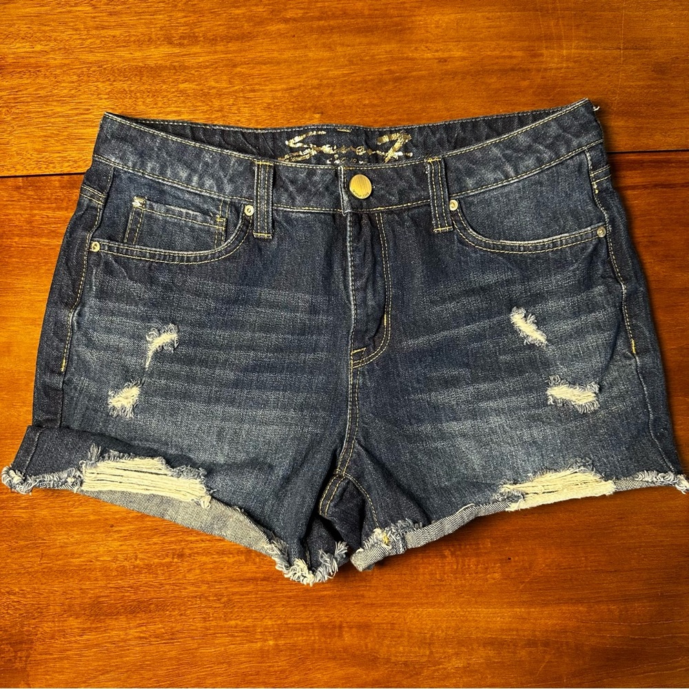 Seven7 Dark Blue Distressed Jean Shorts